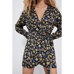 Zara black yellow floral print mini wrap plunge vneck romper dress small